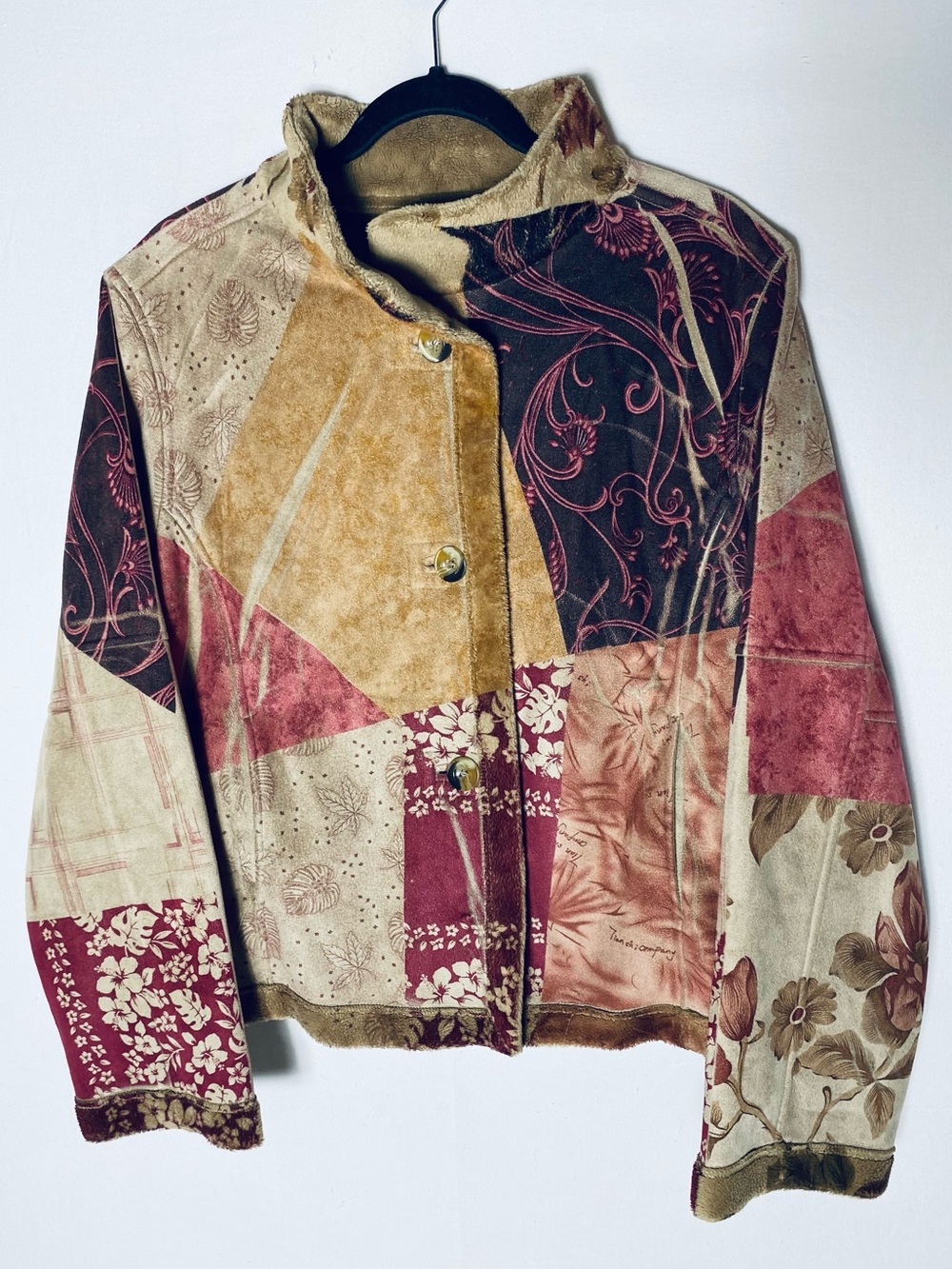 Vintage Baya Earth Tone Patchwork Coat Faux Suede Fleece Trim Whimsigoth L